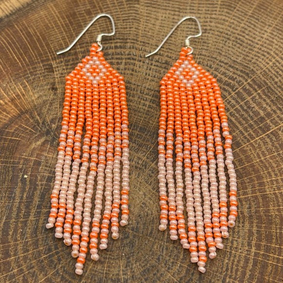 Seed Bead Fringe Dangle Earrings Orange Peach Glass Beads Beadwork Beaded Long - Picture 6 of 7